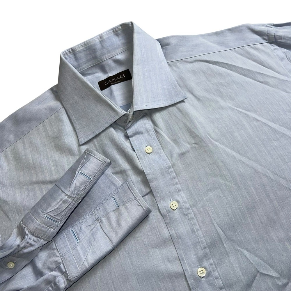 Canali Mens Neck 17.5 Solid Blue Long Sleeve French Cuff Button Up Dress Shirt